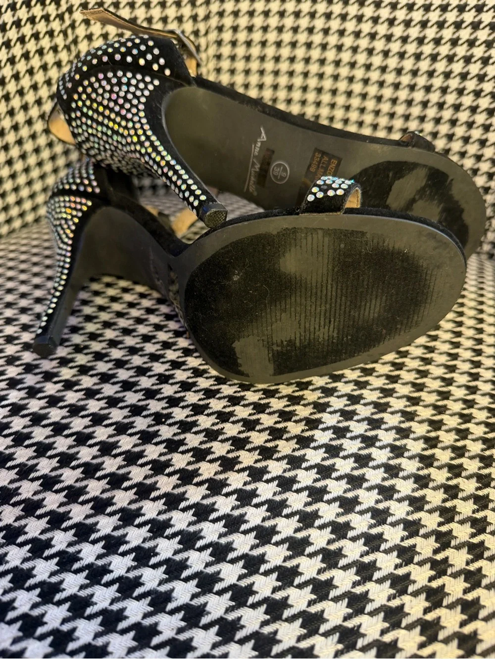 Anne Michelle Black Suede High Heel Sandals with Iridescent Crystal Straps